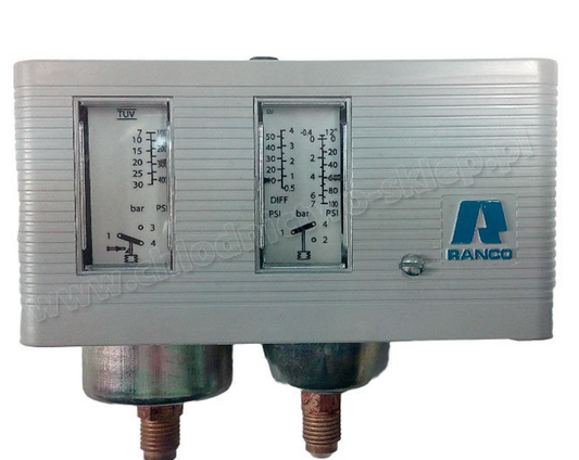 Ranco dual pressure switch, -0.3 – 7.0 bar & 6.0 – 32.0 bar, differential pressure 0.6 / 3.5 bar fixed, manual, flare 1/4" SAE