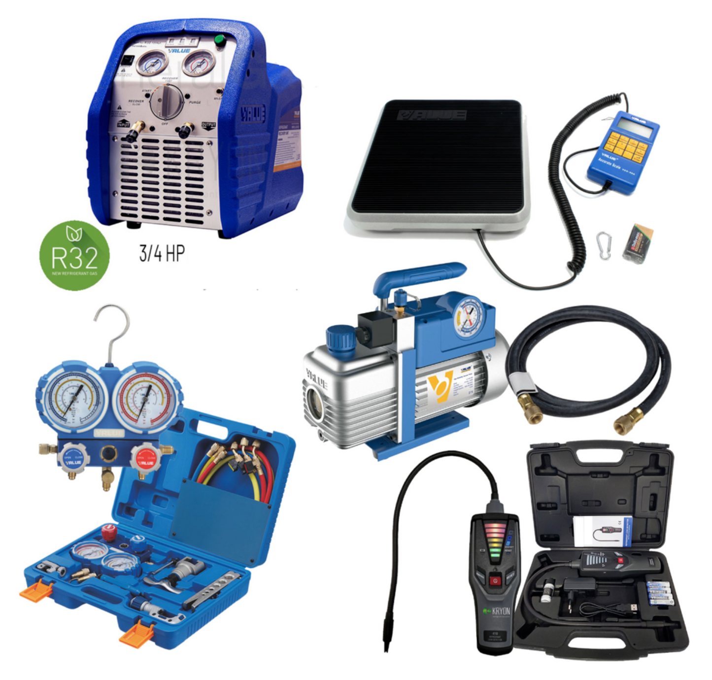 Kälte/Klimaset Vakuumpumpe Lecksuchgerät Waage Kältemittelschlauch Manometer