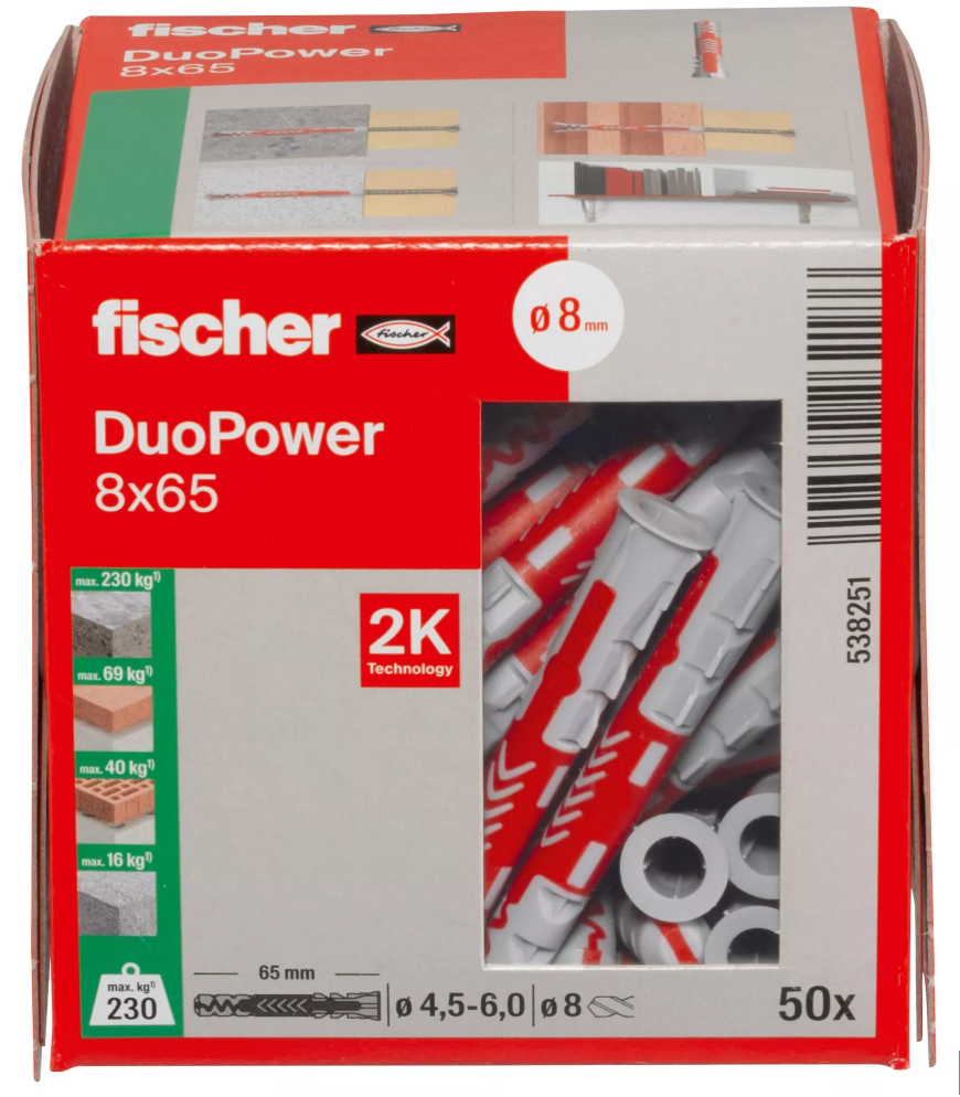 FISCHER DuoPower 8 x 65L mm – Verlängerter Universaldübel (50 Stück)