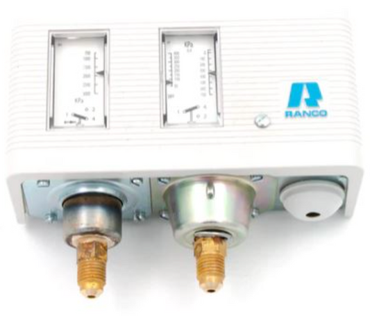 Presostato doble Ranco, -0,3 – 7,0 bar y 7,0 – 30,0 bar, presión diferencial 0,6–4,0 bar / 3,5 bar fijo, automático, abocardado 1/4" SAE